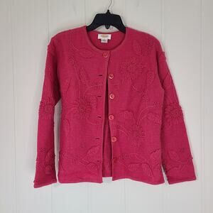 Talbots Petite wool cardigan womens SP Pink Boiled wool floral appliqué Button